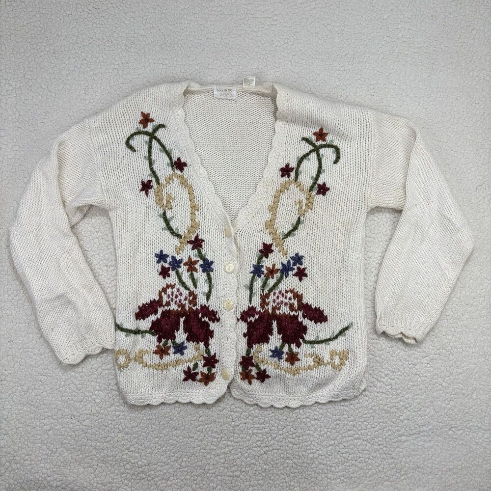 Vintage 80s 90s Needles & Yarn Knit Chunky Floral Cardigan Sweater Sz M Grandma